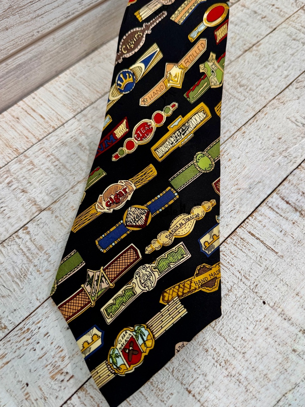 Vintage 1997 Nicole Miller Silk Tie Cigar Bands Labels Novelty Tobacciana Black